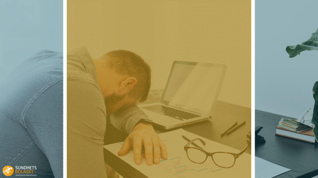 Uttröttad man vid skrivbordet.